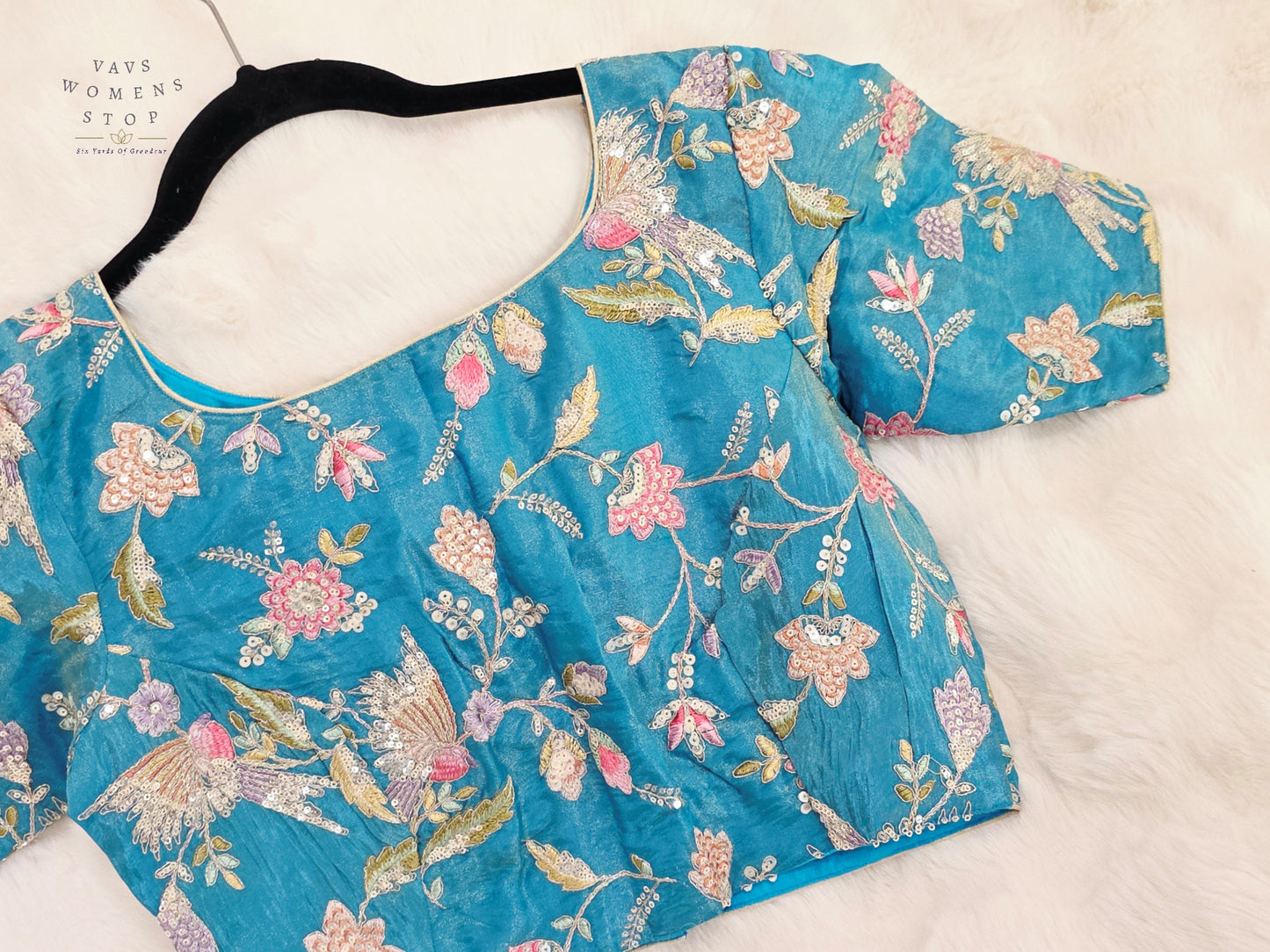 Turquoise Bloom Tissue Embroidery & Sequins Designer Blouse