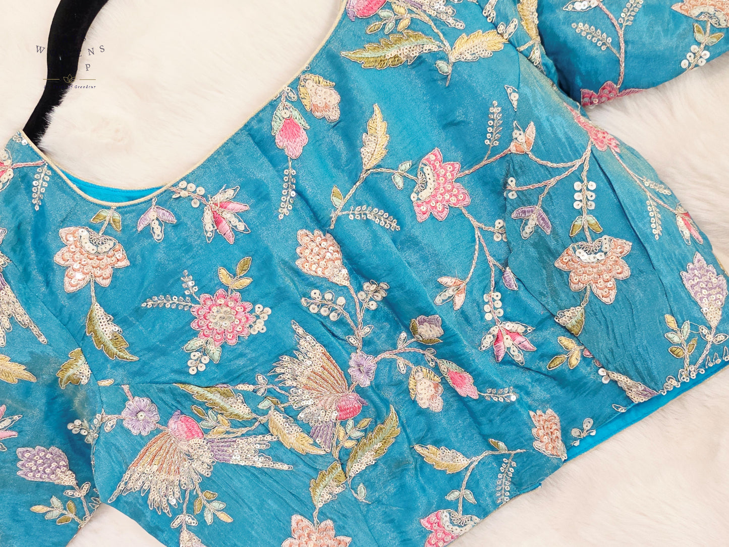 Turquoise Bloom Tissue Embroidery & Sequins Designer Blouse
