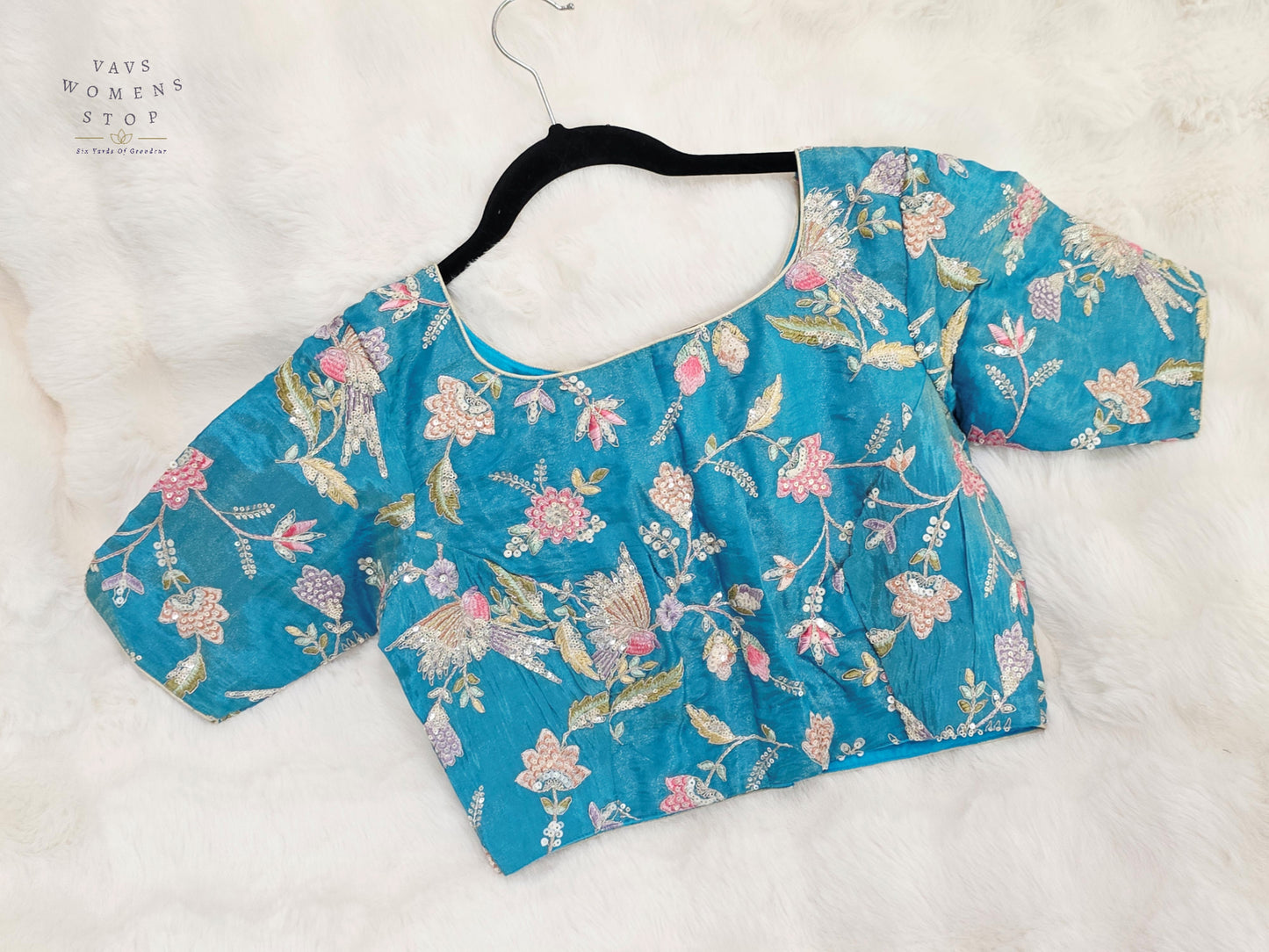 Turquoise Bloom Tissue Embroidery & Sequins Designer Blouse