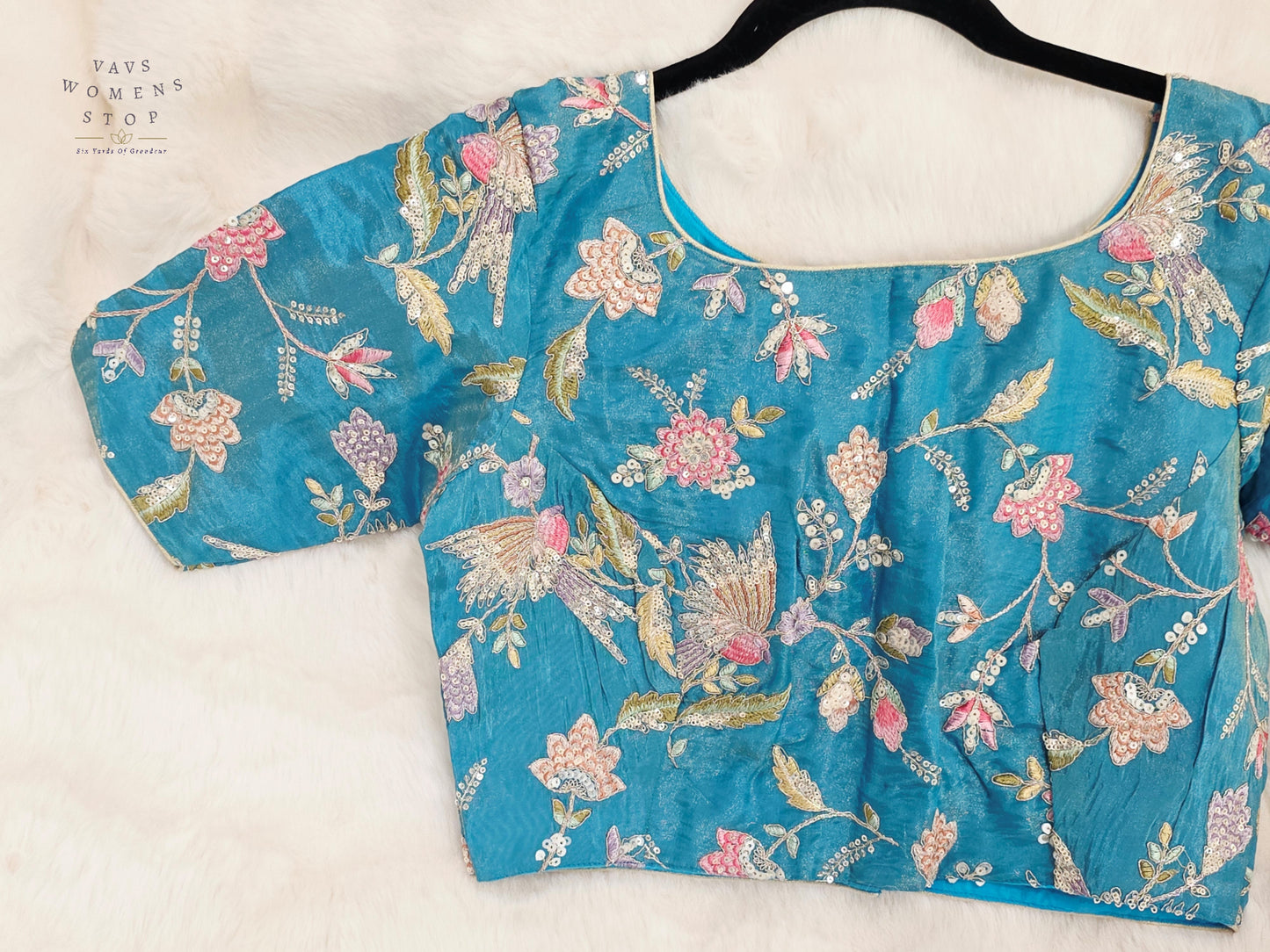 Turquoise Bloom Tissue Embroidery & Sequins Designer Blouse