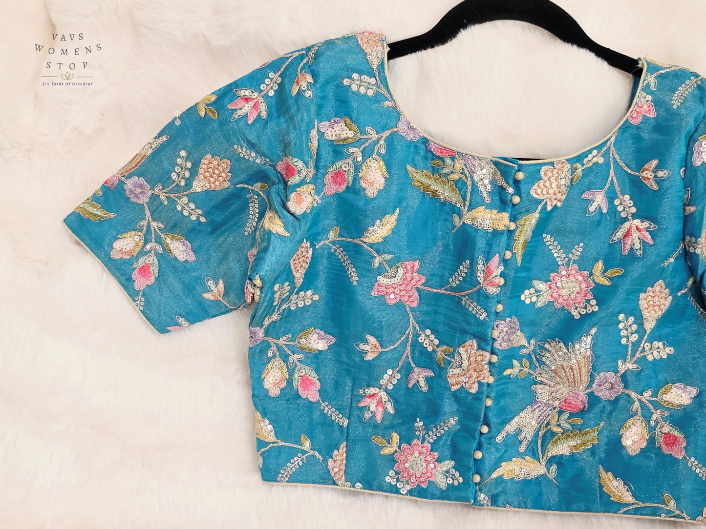 Turquoise Bloom Tissue Embroidery & Sequins Designer Blouse