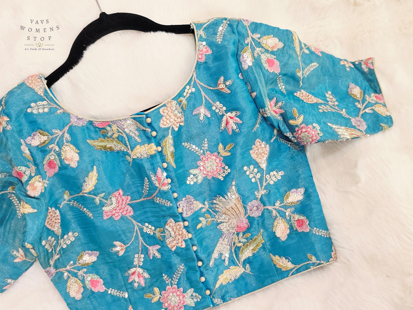 Turquoise Bloom Tissue Embroidery & Sequins Designer Blouse