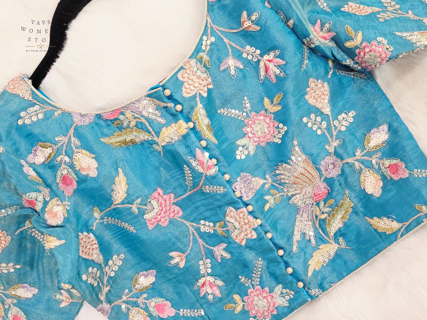 Turquoise Bloom Tissue Embroidery & Sequins Designer Blouse