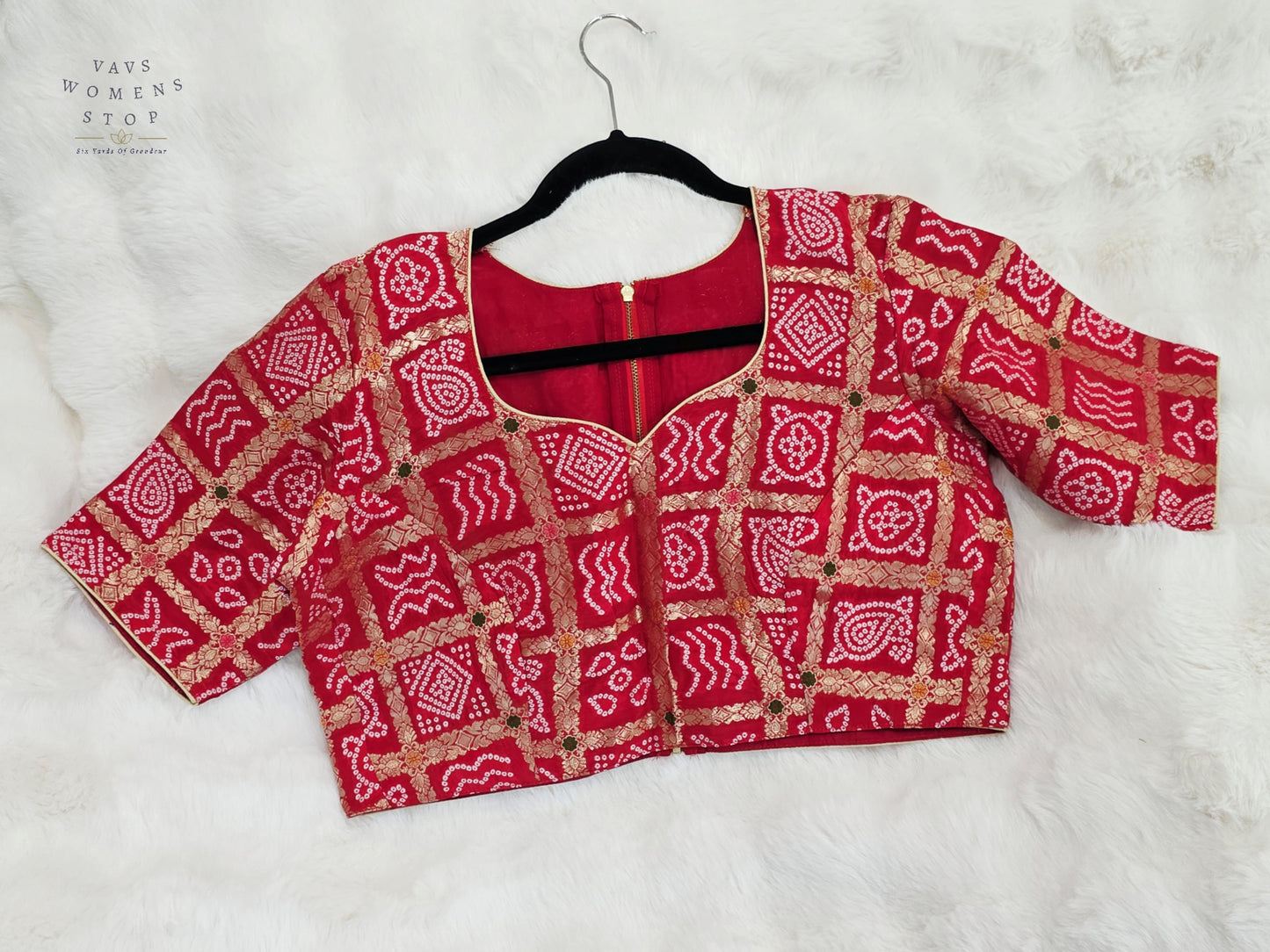 Ruby Vermilion Gharchola Checks Bandhani Munga Benarasi Silk Designer Blouse