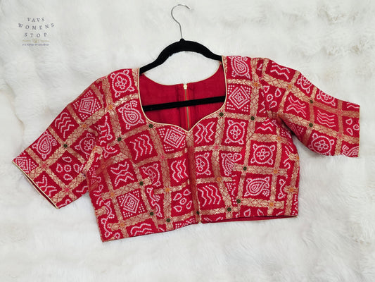 Ruby Vermilion Gharchola Checks Bandhani Munga Benarasi Silk Designer Blouse