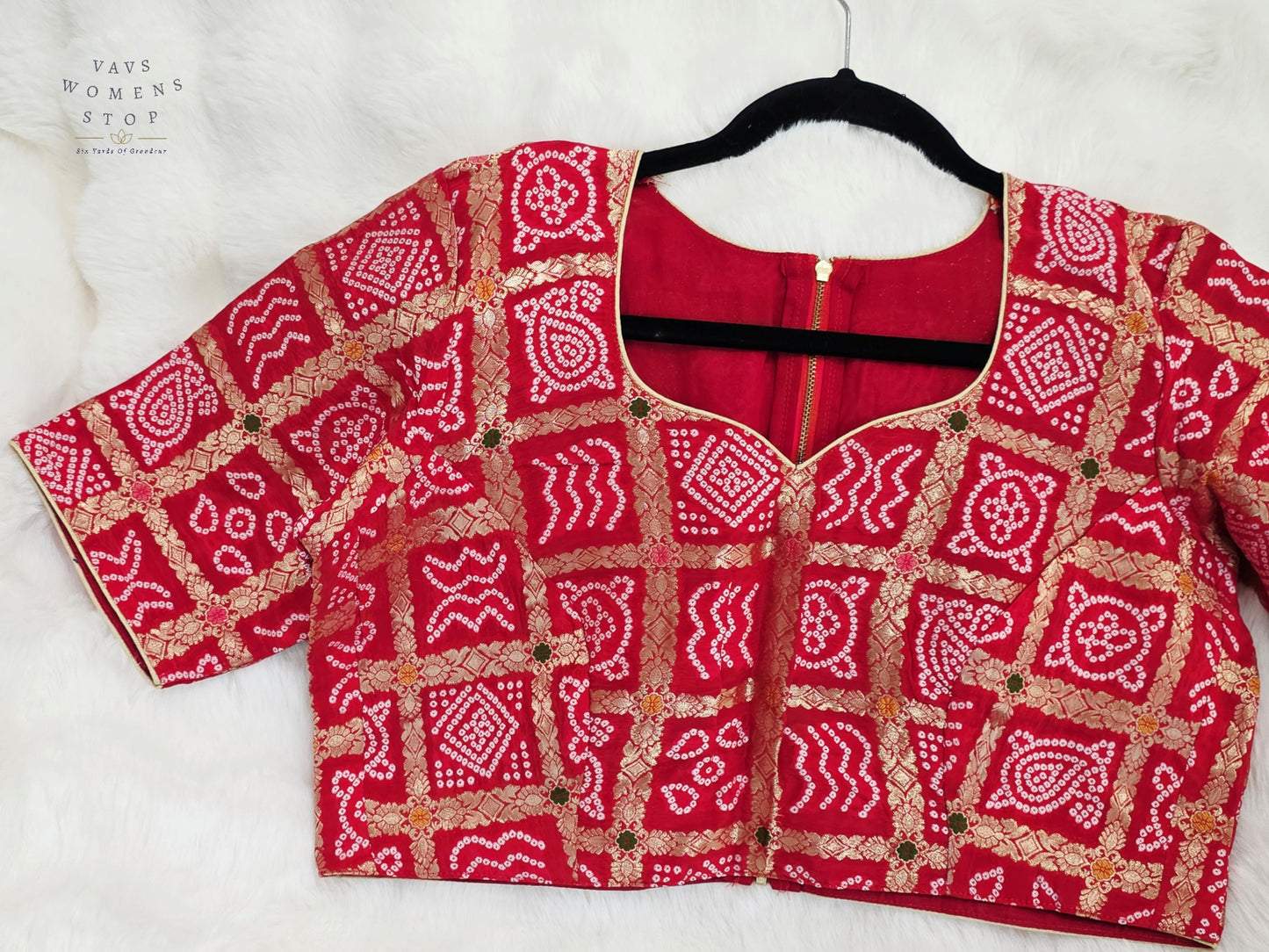 Ruby Vermilion Gharchola Checks Bandhani Munga Benarasi Silk Designer Blouse