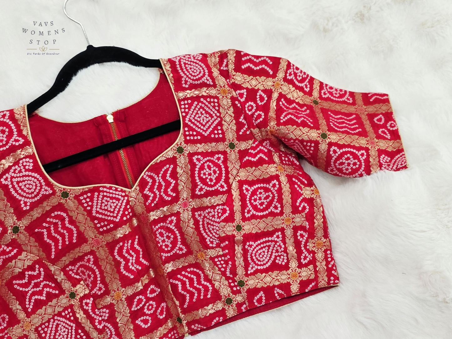 Ruby Vermilion Gharchola Checks Bandhani Munga Benarasi Silk Designer Blouse