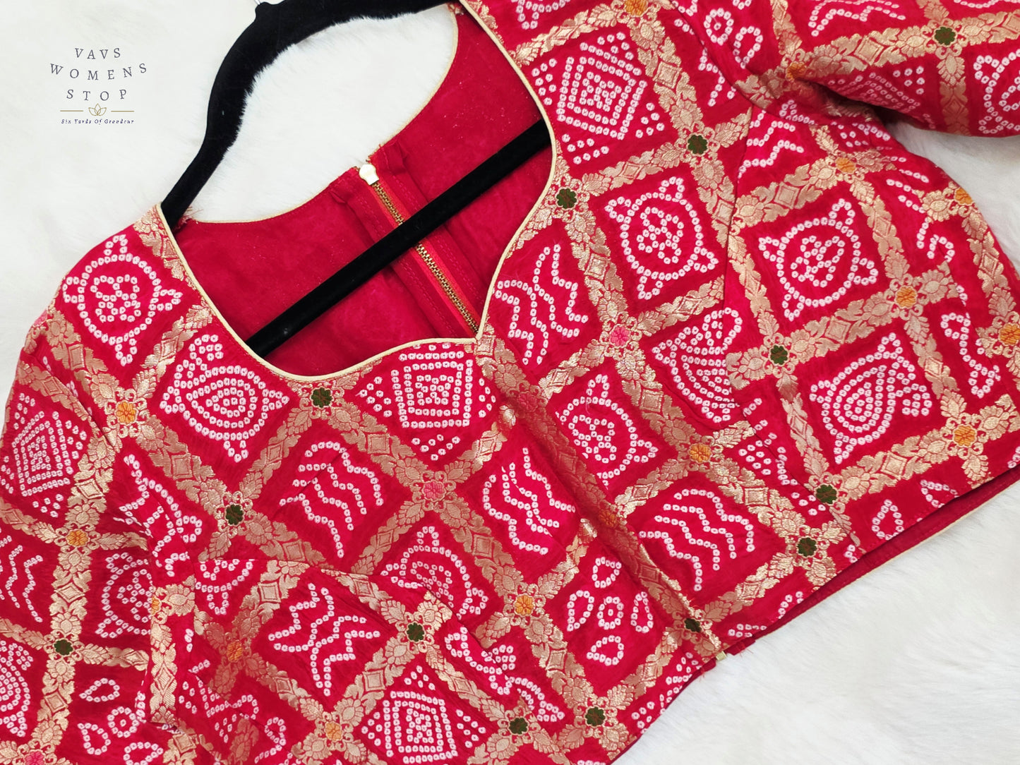 Ruby Vermilion Gharchola Checks Bandhani Munga Benarasi Silk Designer Blouse