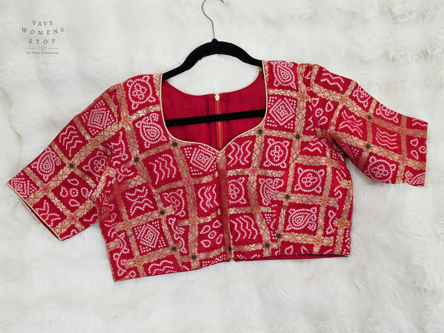 Ruby Vermilion Gharchola Checks Bandhani Munga Benarasi Silk Designer Blouse