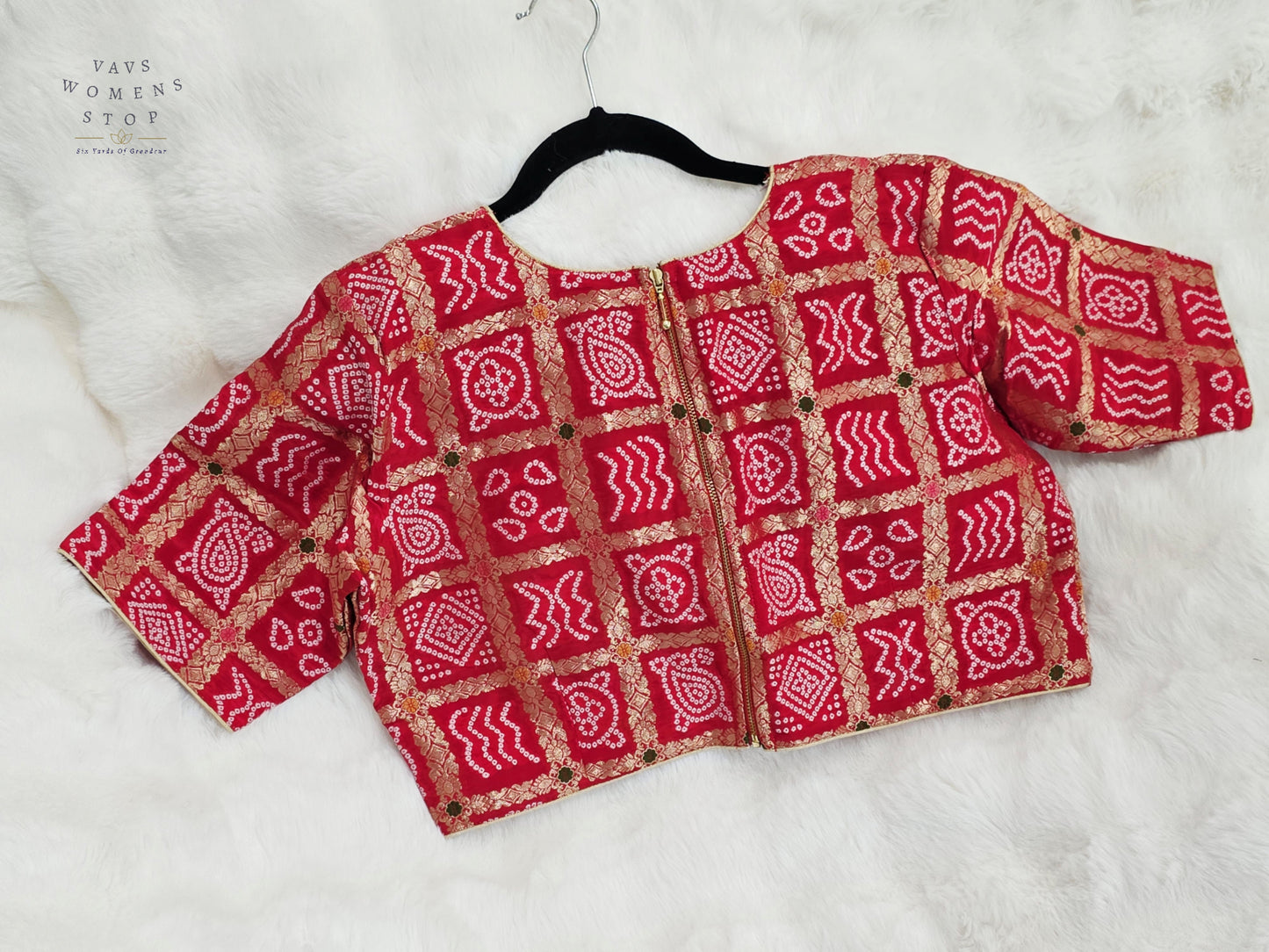 Ruby Vermilion Gharchola Checks Bandhani Munga Benarasi Silk Designer Blouse