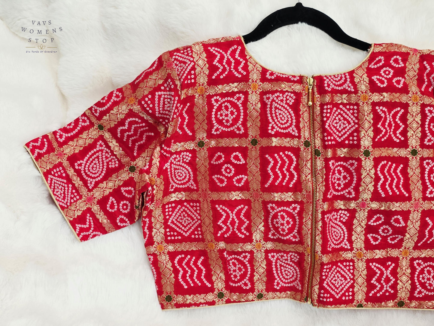 Ruby Vermilion Gharchola Checks Bandhani Munga Benarasi Silk Designer Blouse