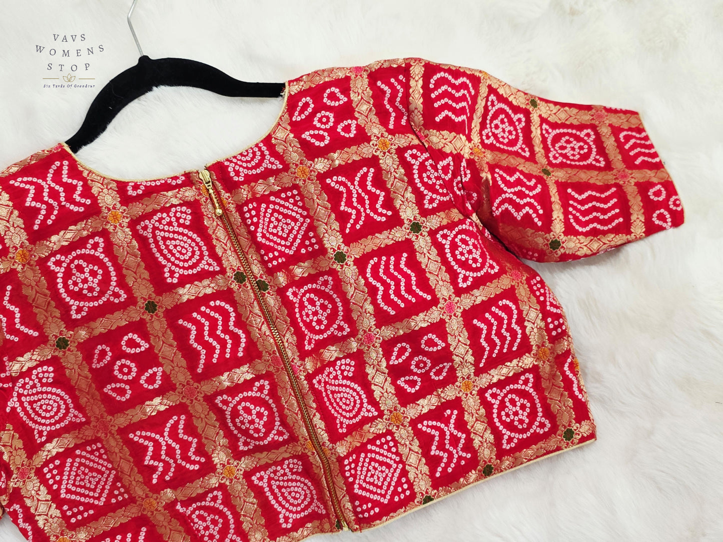 Ruby Vermilion Gharchola Checks Bandhani Munga Benarasi Silk Designer Blouse
