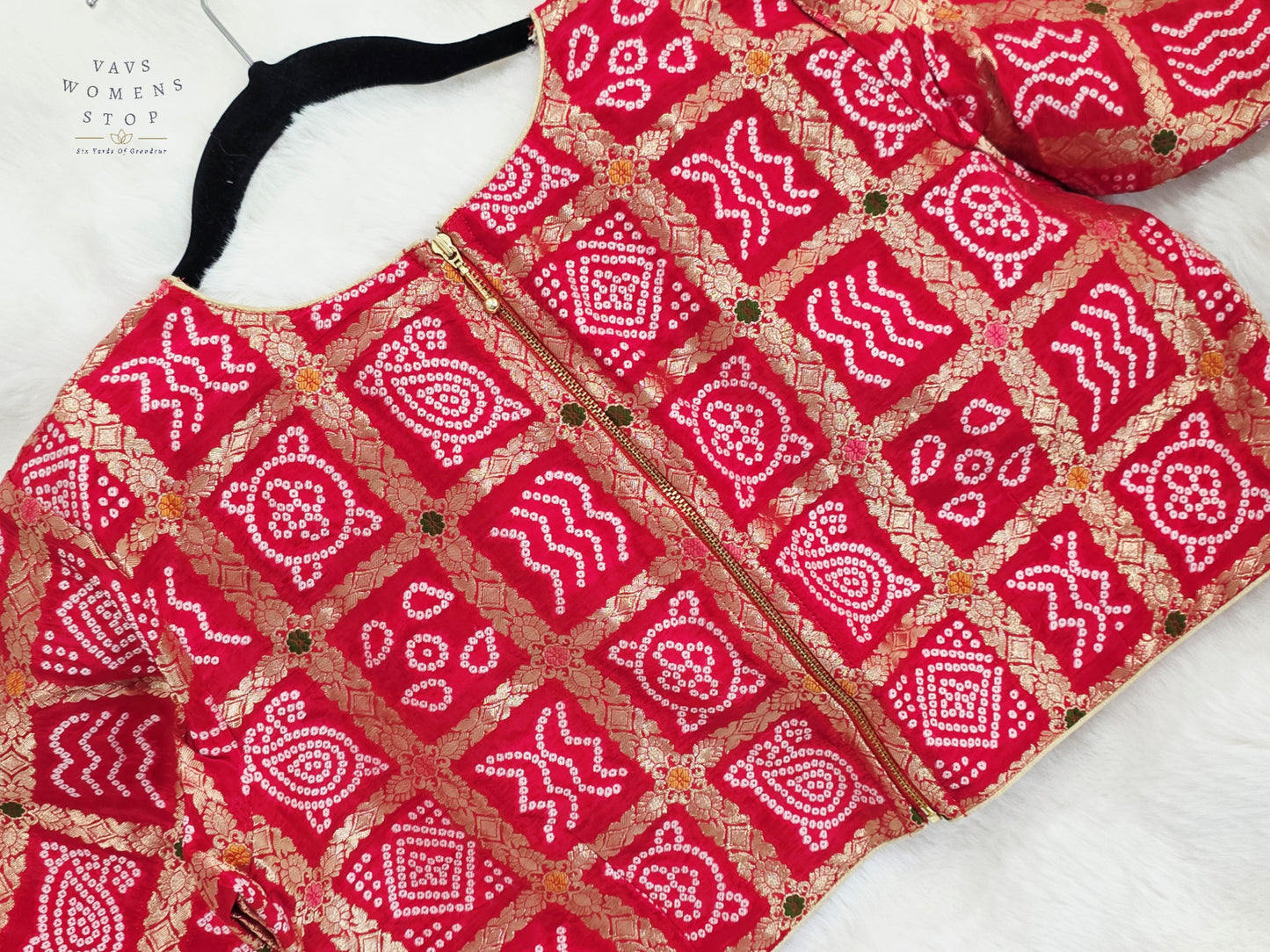 Ruby Vermilion Gharchola Checks Bandhani Munga Benarasi Silk Designer Blouse
