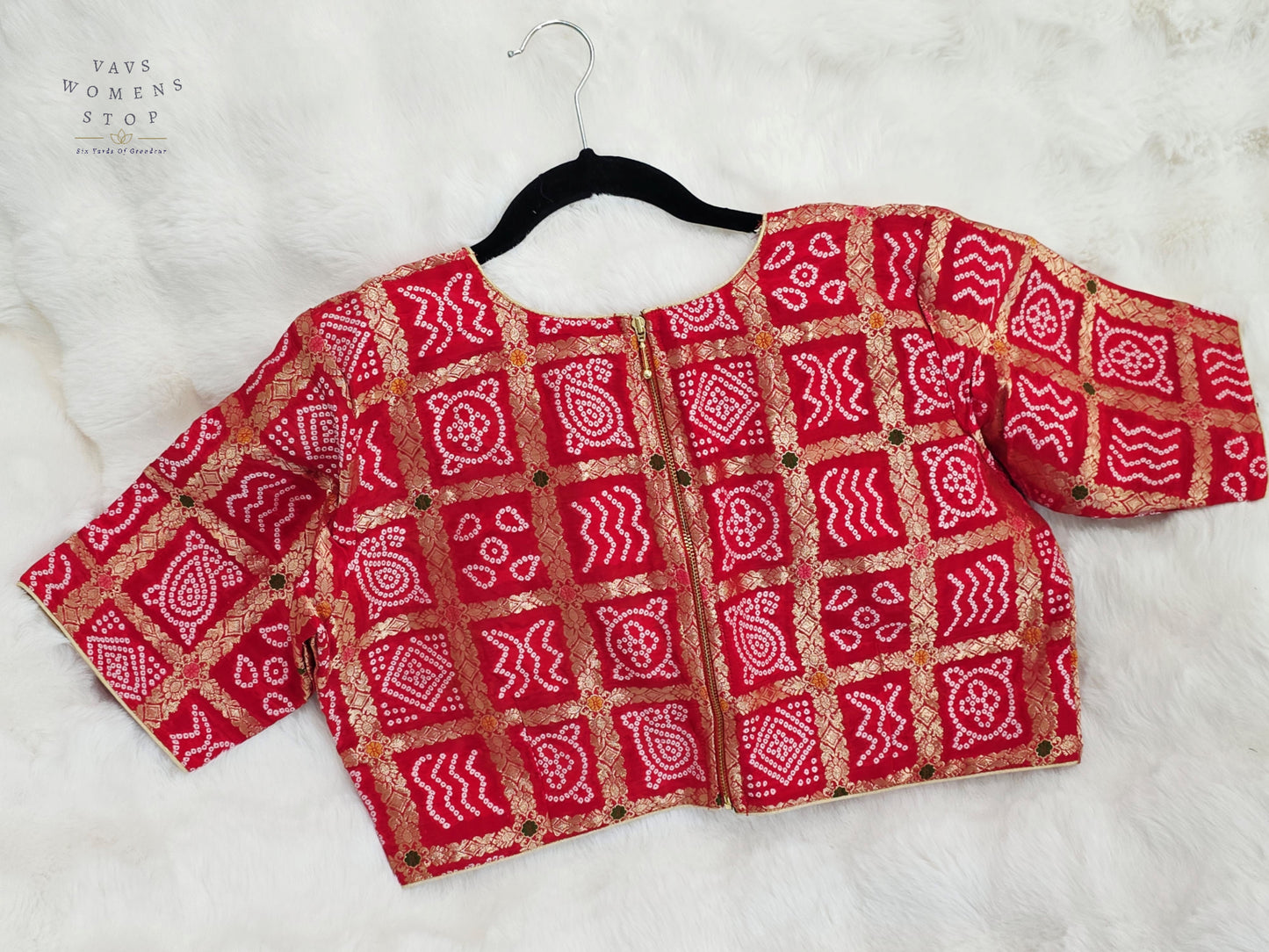 Ruby Vermilion Gharchola Checks Bandhani Munga Benarasi Silk Designer Blouse