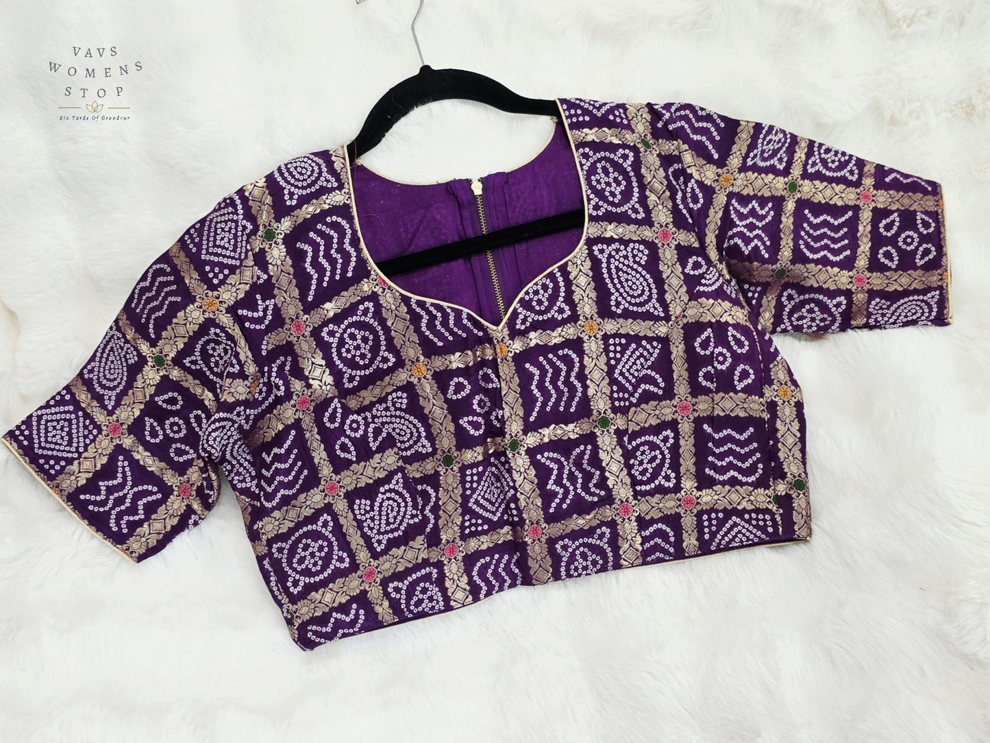 Royal Amethyst Purple Gharchola Checks Bandhani Munga Benarasi Silk Designer Blouse