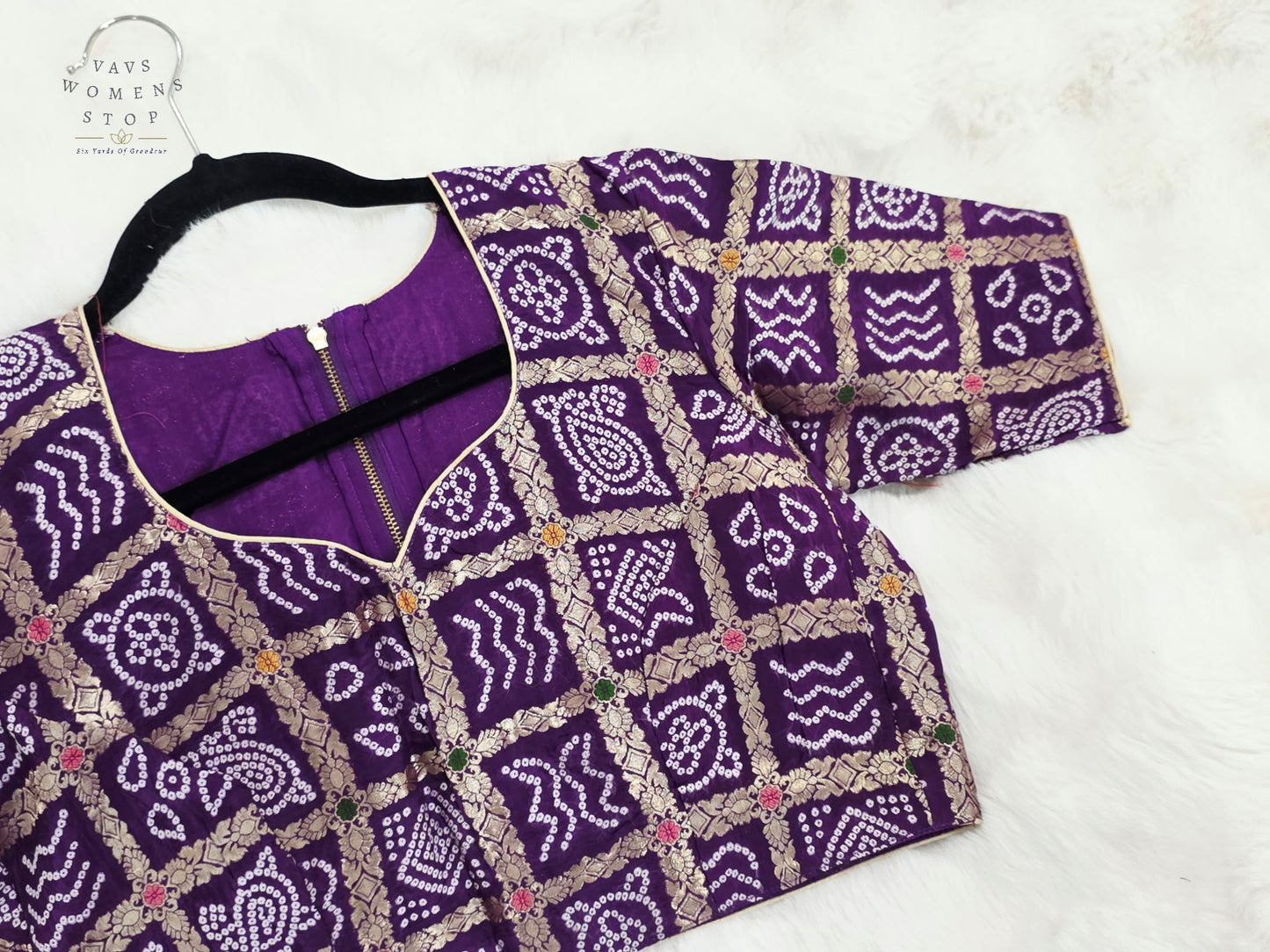 Royal Amethyst Purple Gharchola Checks Bandhani Munga Benarasi Silk Designer Blouse