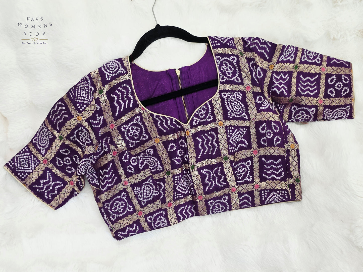 Royal Amethyst Purple Gharchola Checks Bandhani Munga Benarasi Silk Designer Blouse