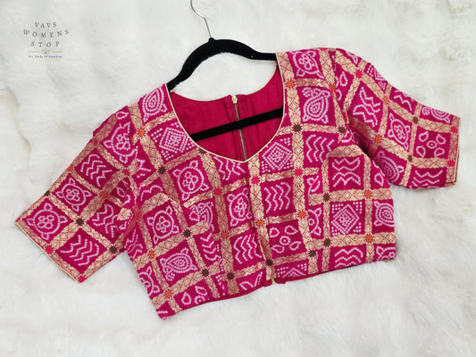 Rani Fuchsia Pink Gharchola Checks Bandhani Munga Benarasi Silk Designer Blouse | Size 40-46