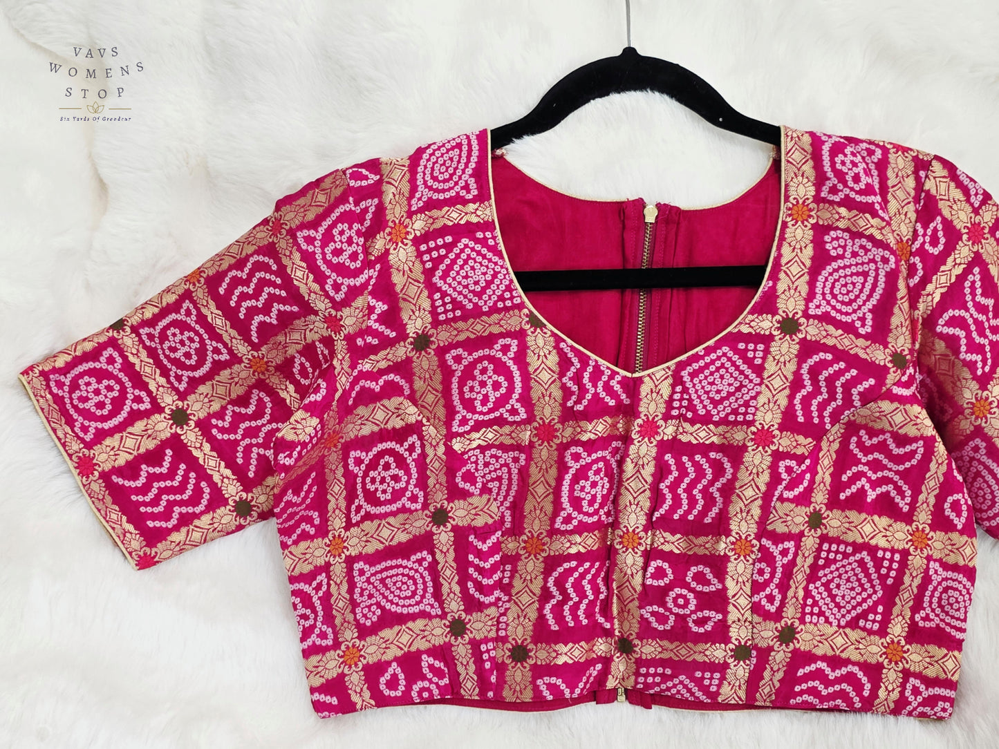 Rani Fuchsia Pink Gharchola Checks Bandhani Munga Benarasi Silk Designer Blouse | Size 40-46
