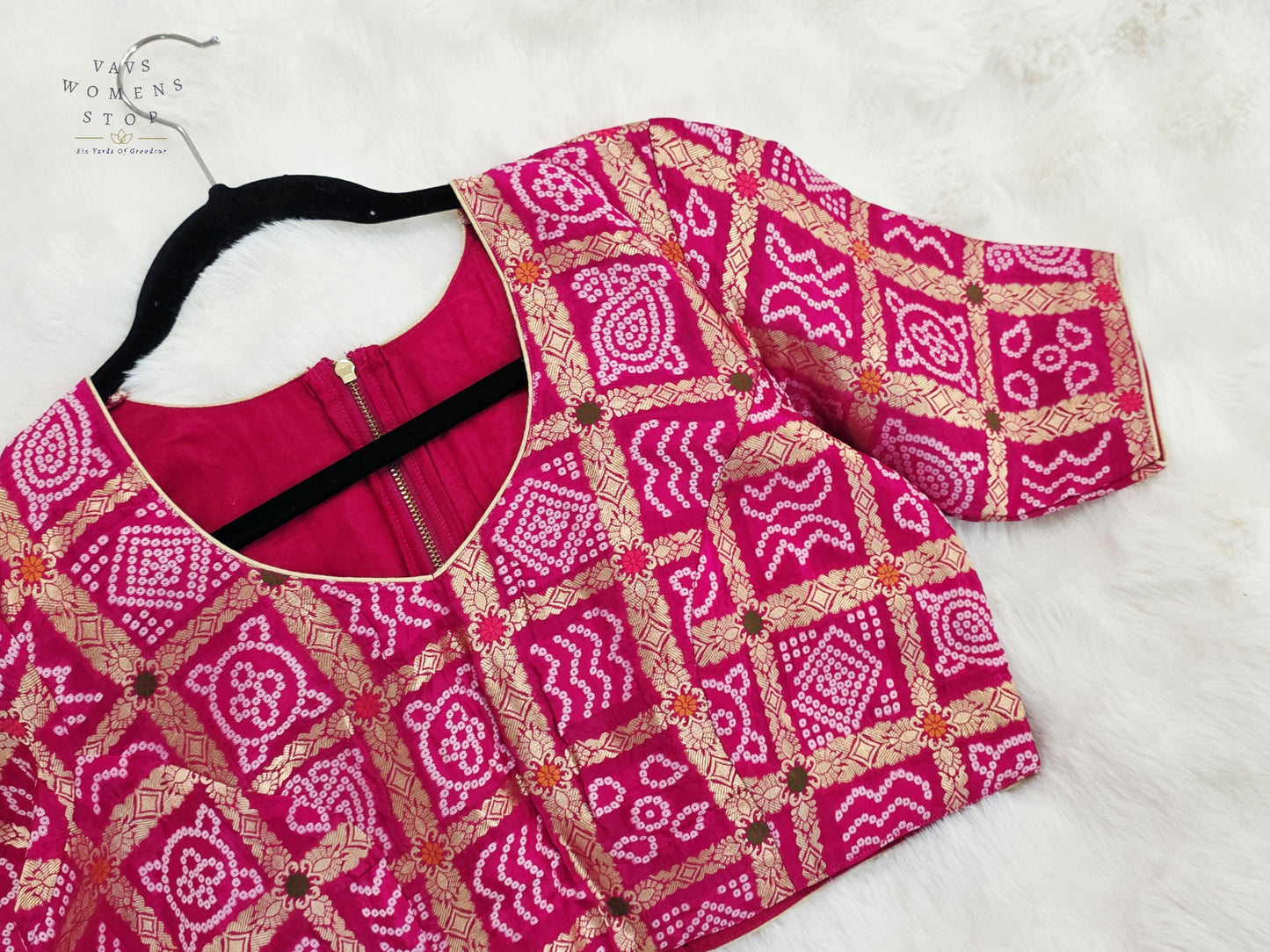 Rani Fuchsia Pink Gharchola Checks Bandhani Munga Benarasi Silk Designer Blouse | Size 40-46