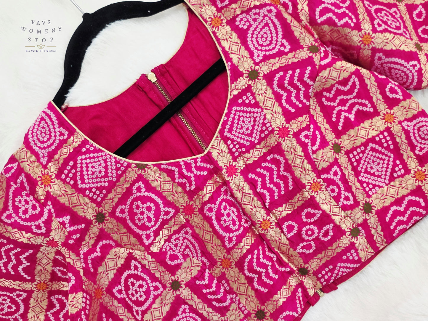Rani Fuchsia Pink Gharchola Checks Bandhani Munga Benarasi Silk Designer Blouse | Size 40-46