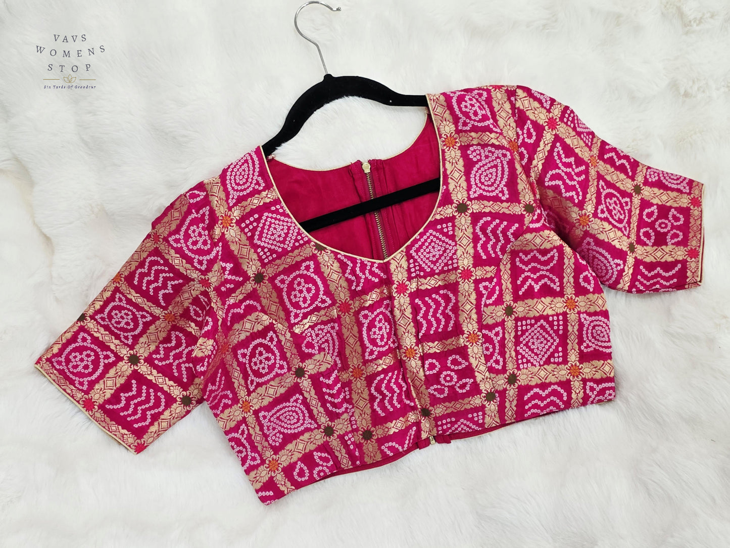 Rani Fuchsia Pink Gharchola Checks Bandhani Munga Benarasi Silk Designer Blouse | Size 40-46
