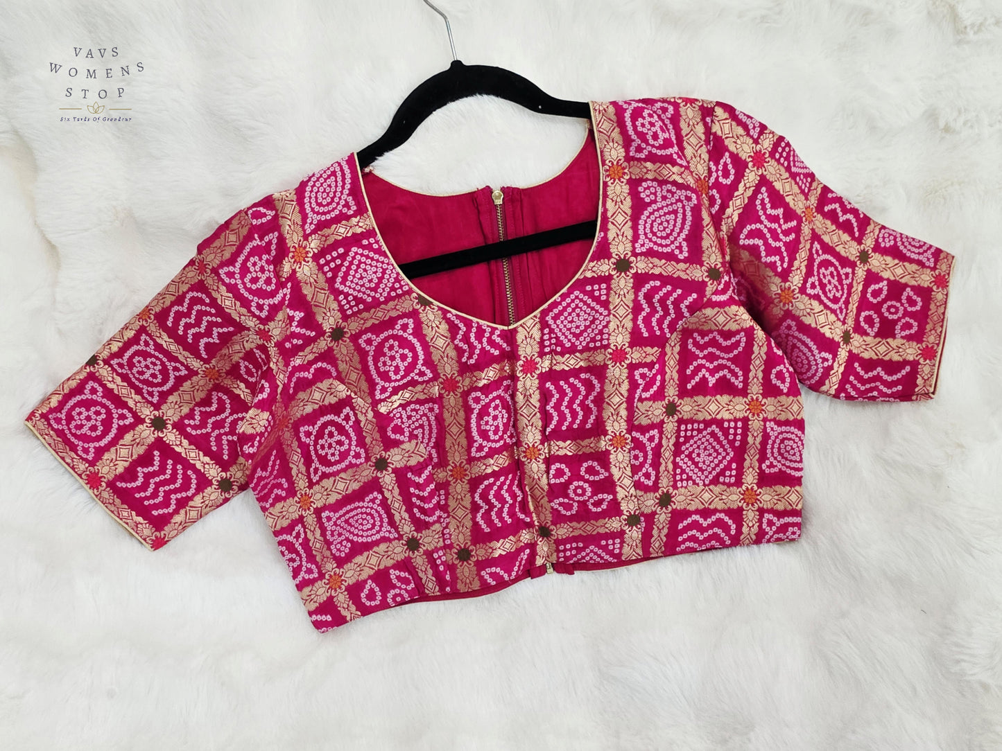 Rani Fuchsia Pink Gharchola Checks Bandhani Munga Benarasi Silk Designer Blouse | Size 40-46