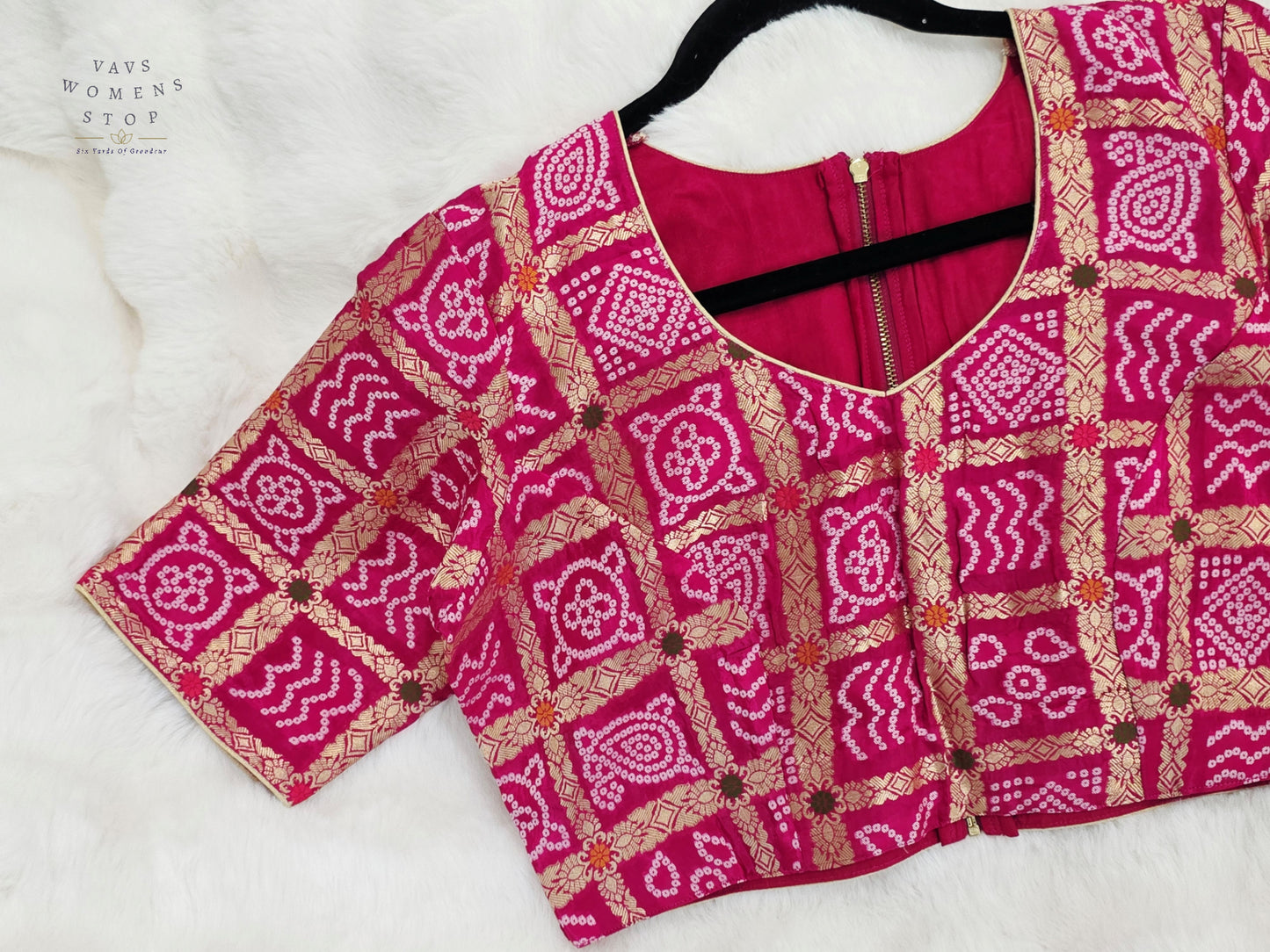 Rani Fuchsia Pink Gharchola Checks Bandhani Munga Benarasi Silk Designer Blouse | Size 40-46