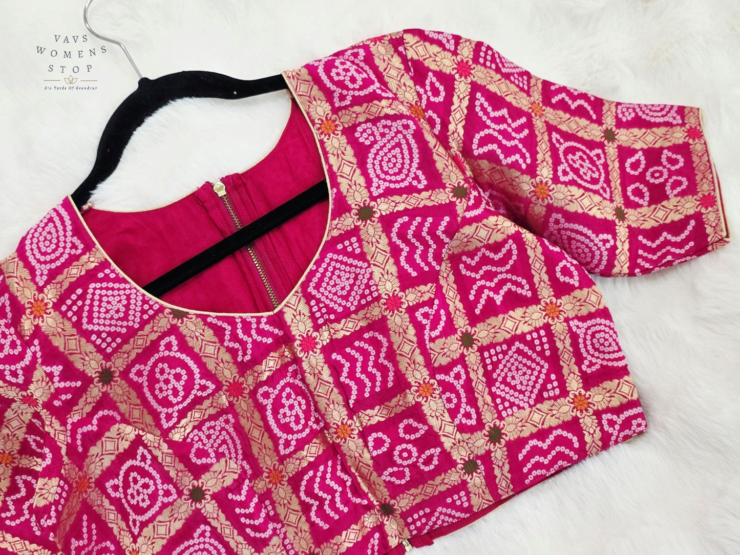 Rani Fuchsia Pink Gharchola Checks Bandhani Munga Benarasi Silk Designer Blouse | Size 40-46