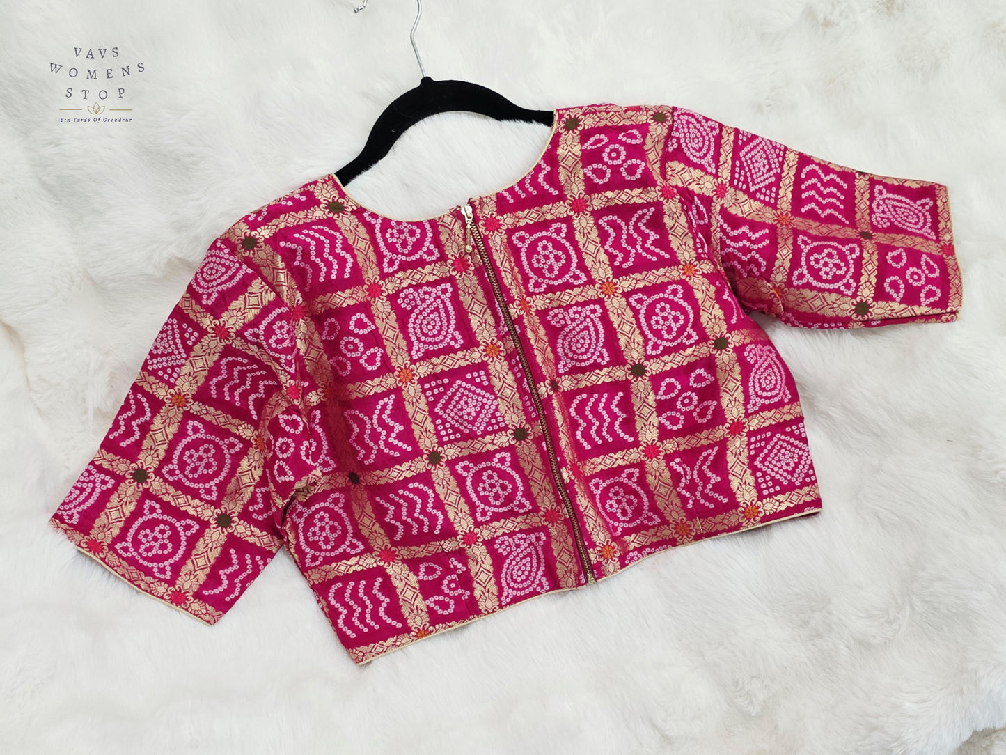 Rani Fuchsia Pink Gharchola Checks Bandhani Munga Benarasi Silk Designer Blouse | Size 40-46