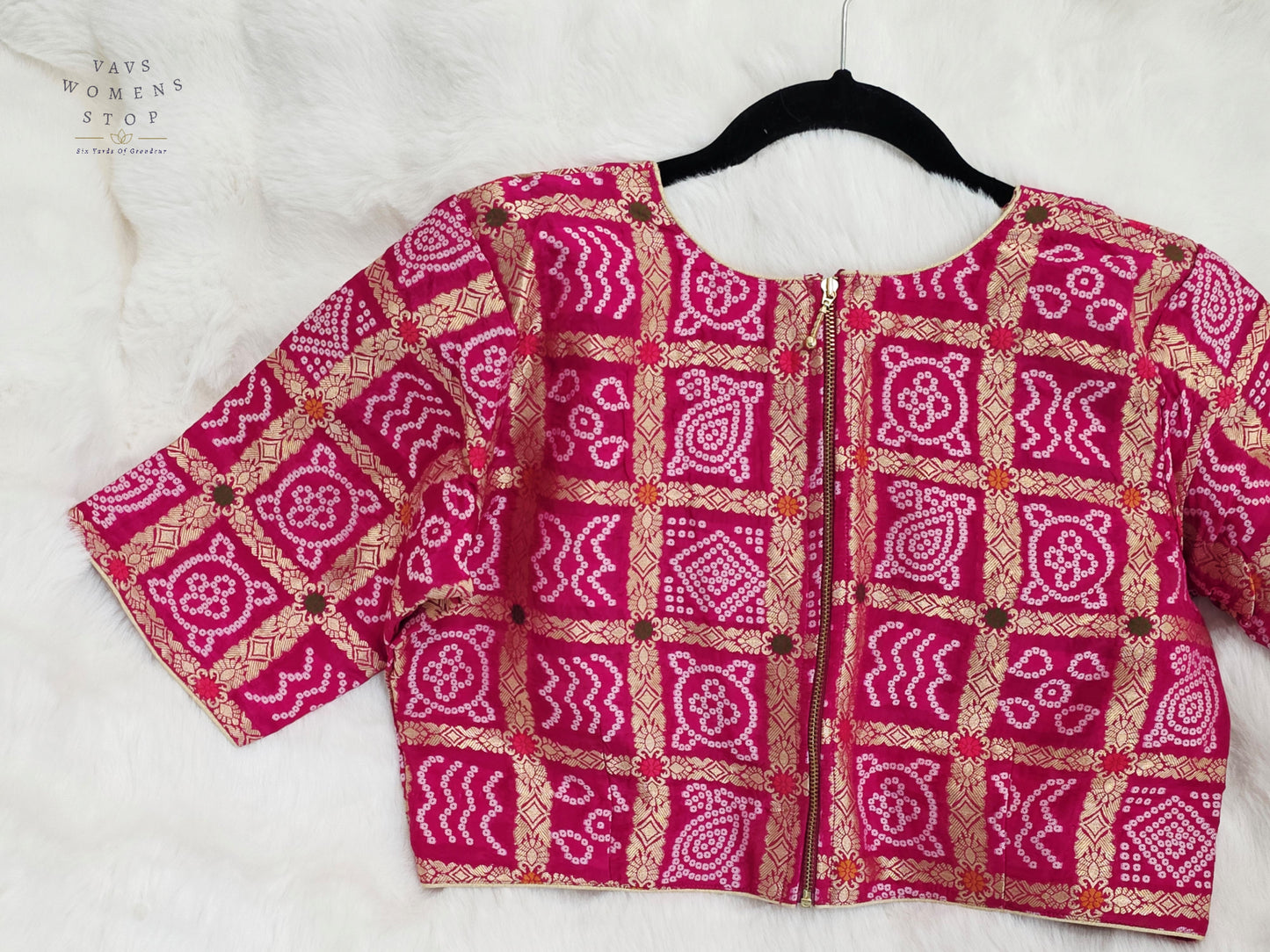 Rani Fuchsia Pink Gharchola Checks Bandhani Munga Benarasi Silk Designer Blouse | Size 40-46