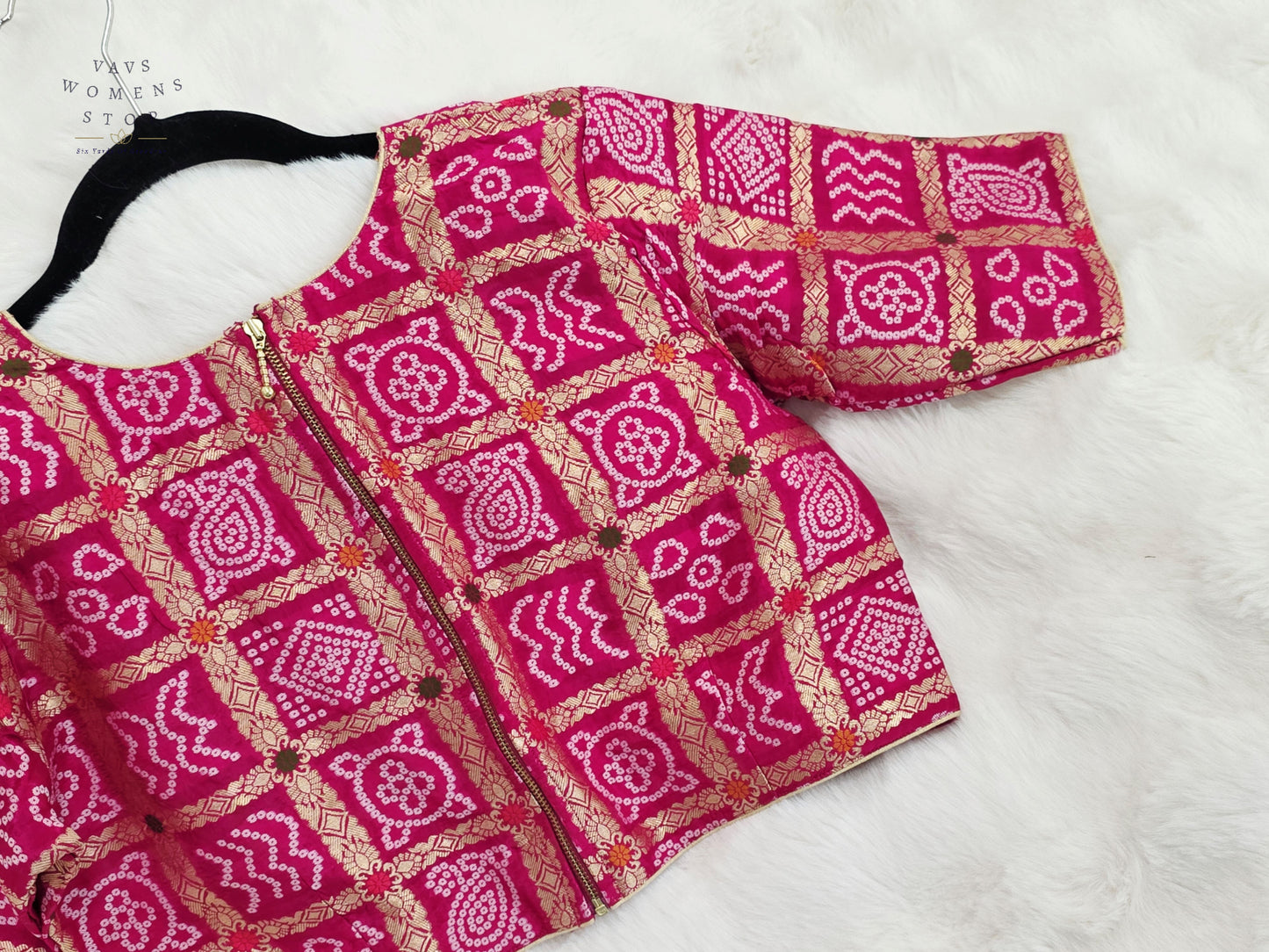 Rani Fuchsia Pink Gharchola Checks Bandhani Munga Benarasi Silk Designer Blouse | Size 40-46