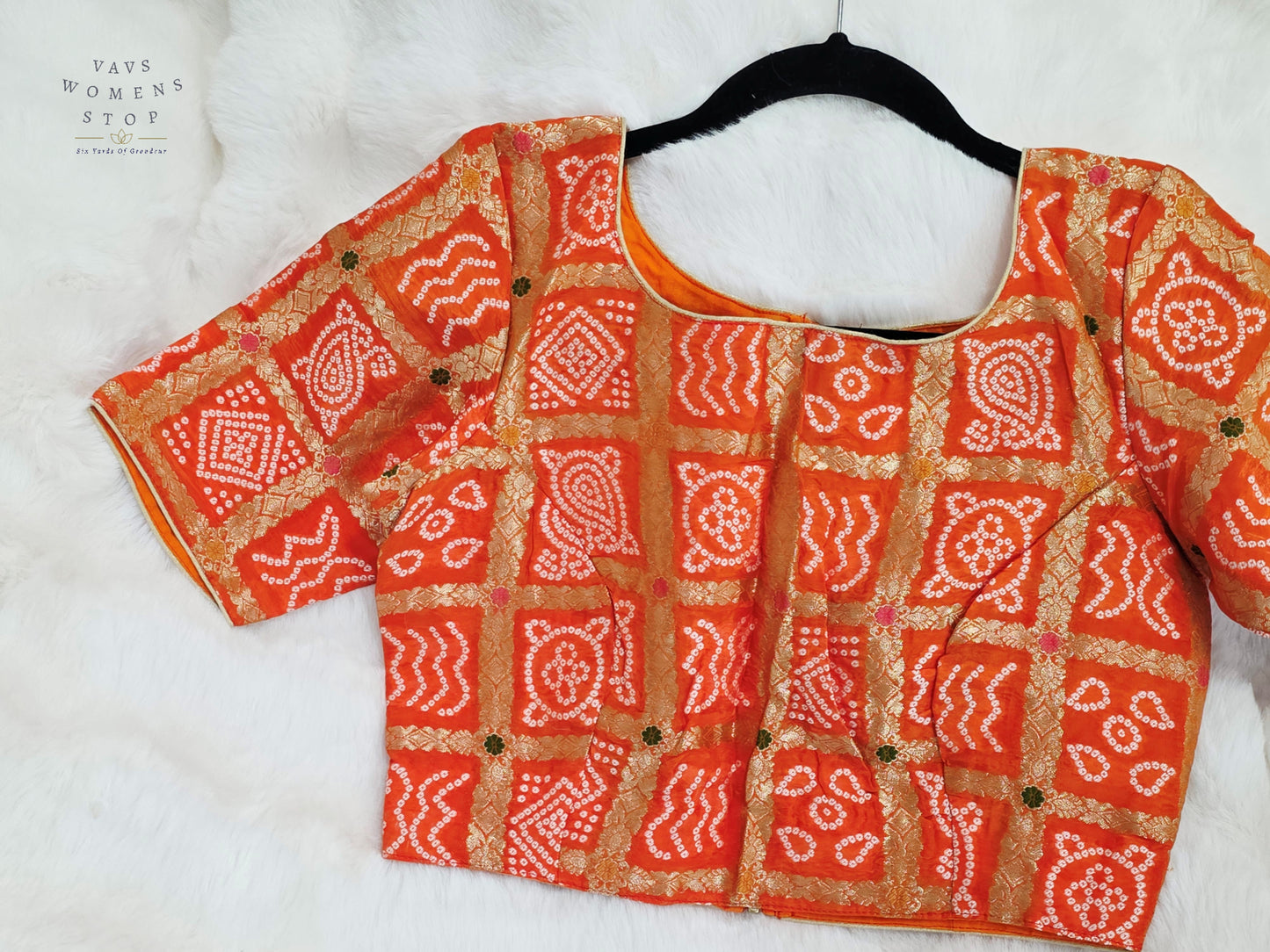 Sunset Tangerine Gharchola Checks Bandhani Munga Benarasi Silk Designer Blouse