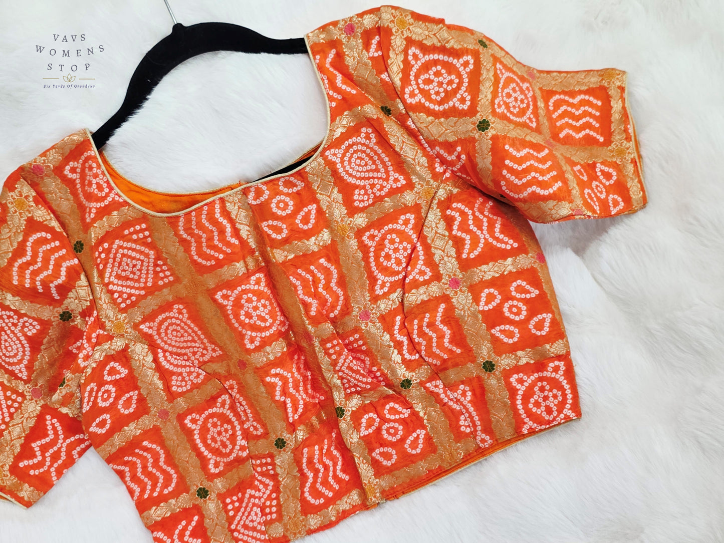 Sunset Tangerine Gharchola Checks Bandhani Munga Benarasi Silk Designer Blouse
