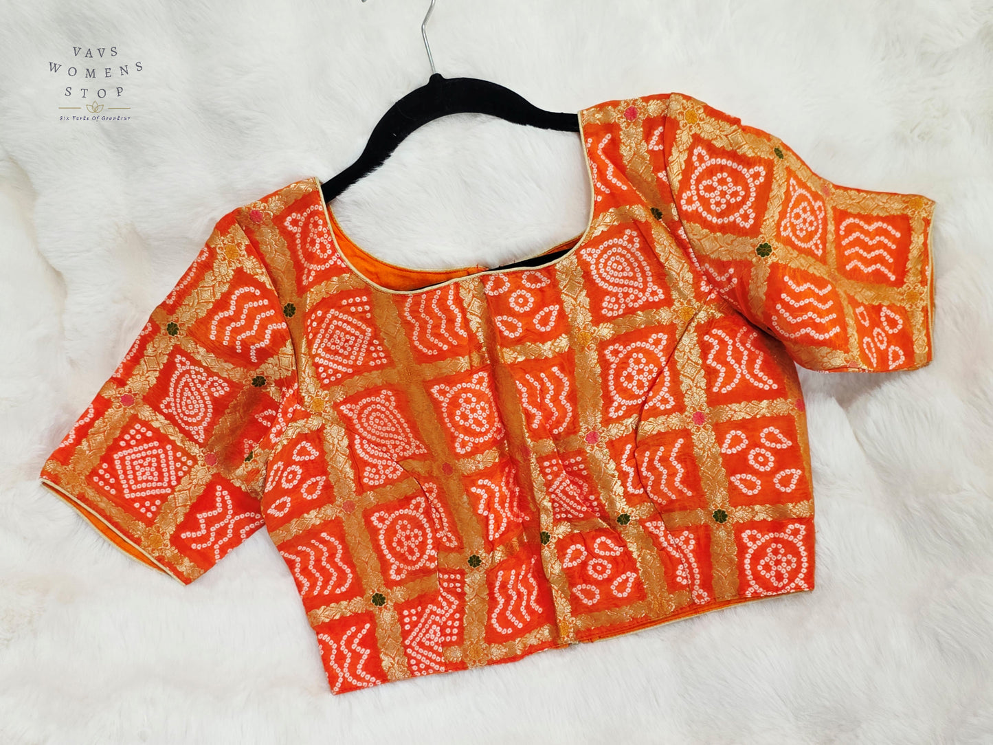 Sunset Tangerine Gharchola Checks Bandhani Munga Benarasi Silk Designer Blouse