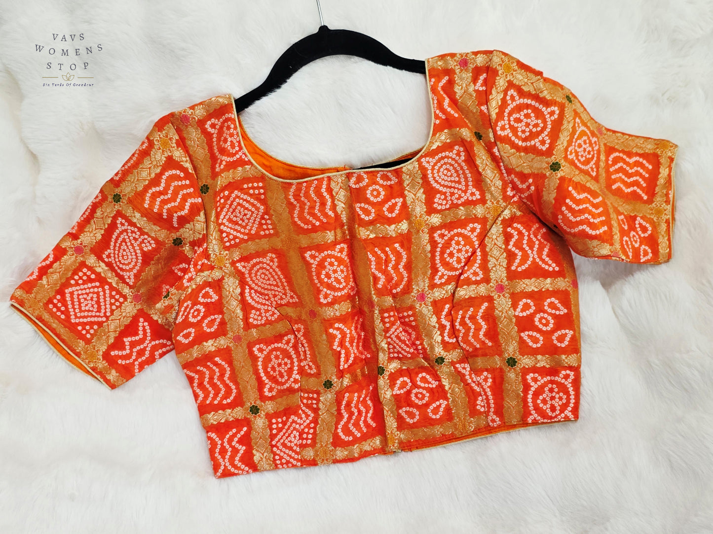 Sunset Tangerine Gharchola Checks Bandhani Munga Benarasi Silk Designer Blouse