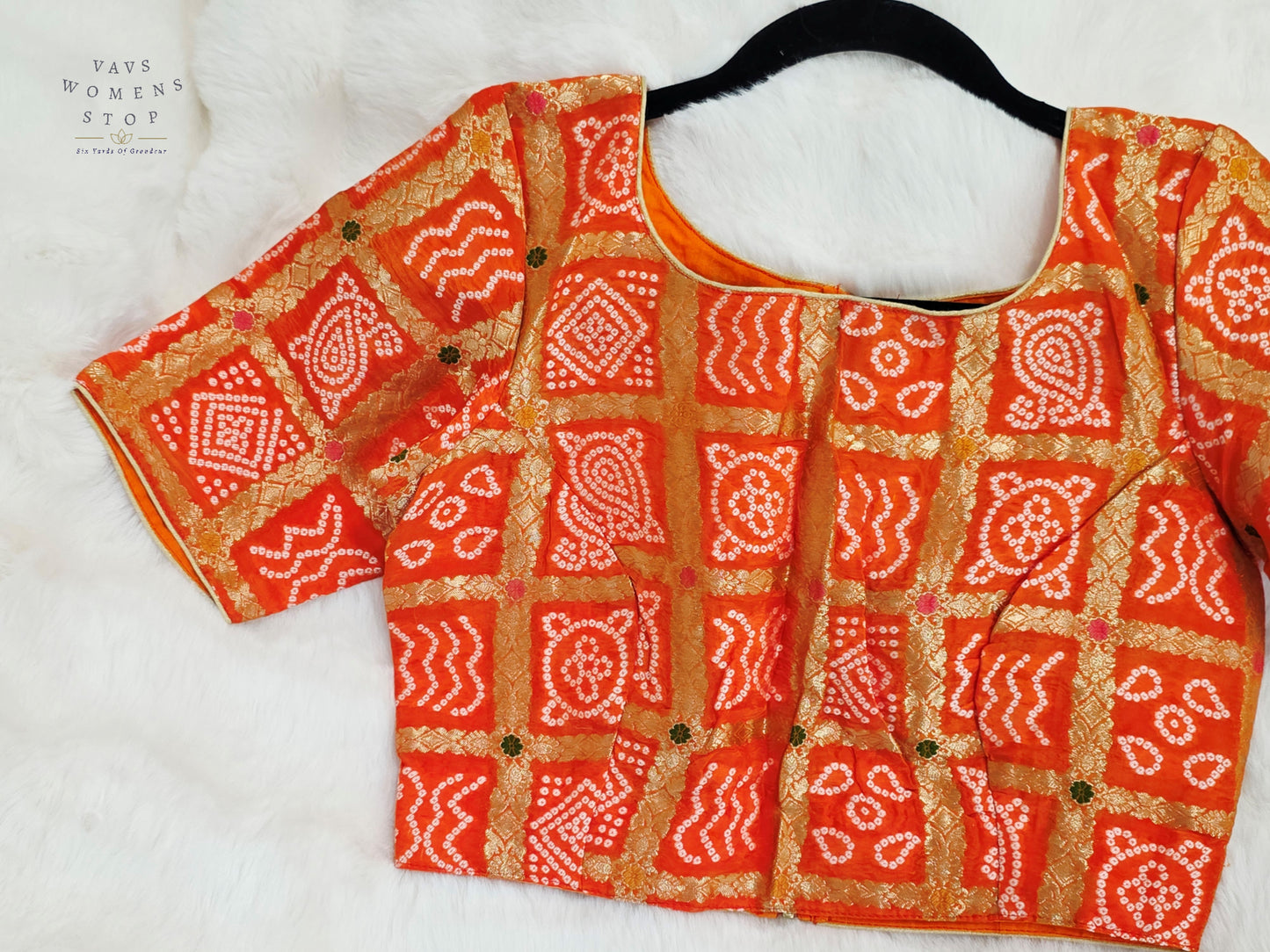 Sunset Tangerine Gharchola Checks Bandhani Munga Benarasi Silk Designer Blouse
