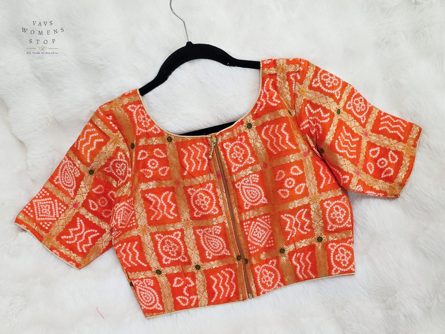 Sunset Tangerine Gharchola Checks Bandhani Munga Benarasi Silk Designer Blouse