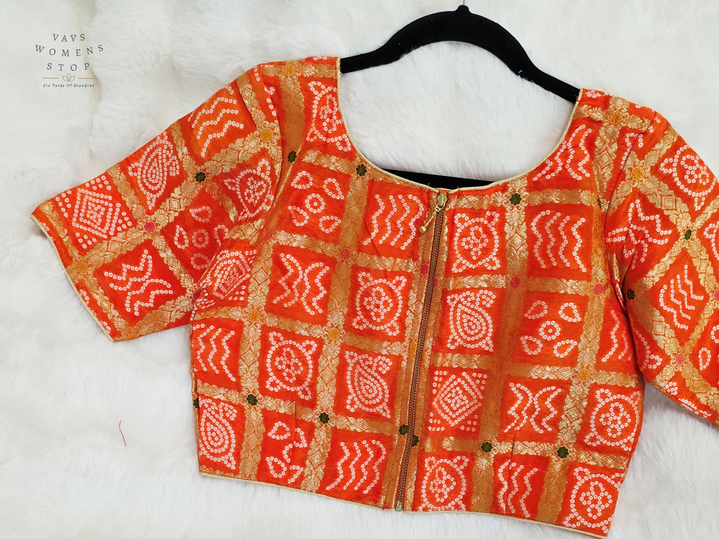 Sunset Tangerine Gharchola Checks Bandhani Munga Benarasi Silk Designer Blouse