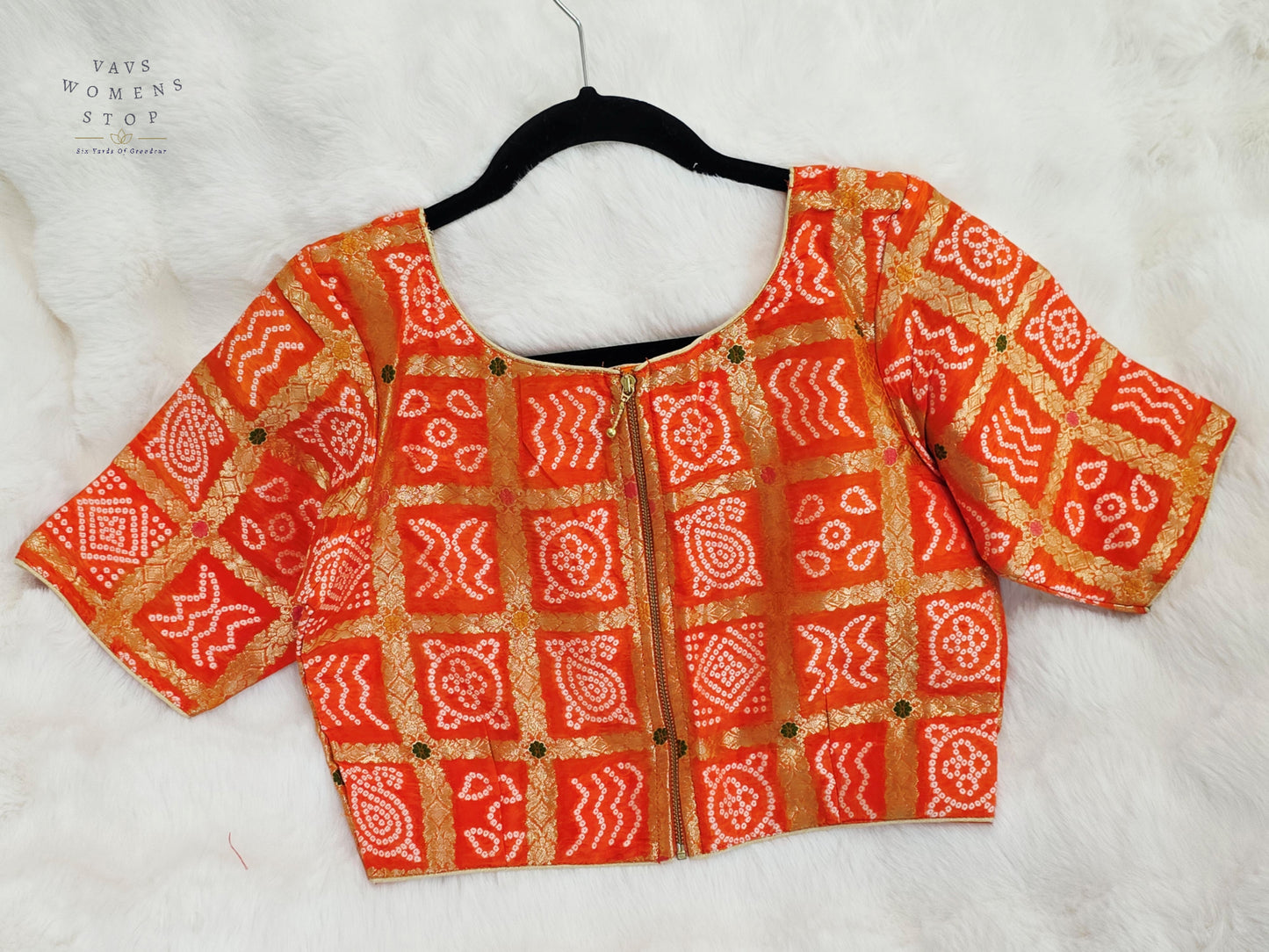 Sunset Tangerine Gharchola Checks Bandhani Munga Benarasi Silk Designer Blouse