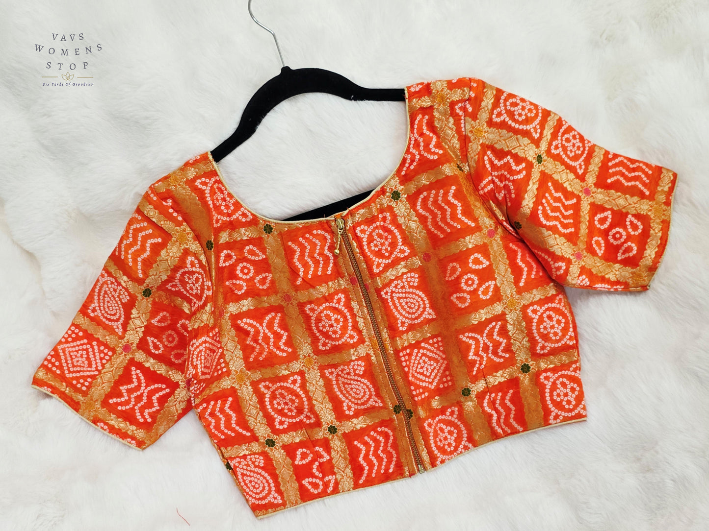 Sunset Tangerine Gharchola Checks Bandhani Munga Benarasi Silk Designer Blouse