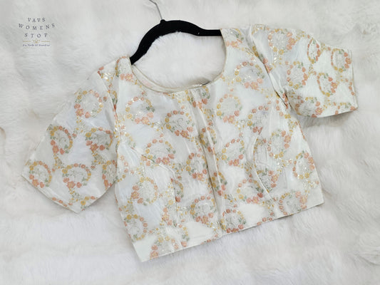 Ivory Pearl Floral Munga Benarasi Silk Designer Blouse