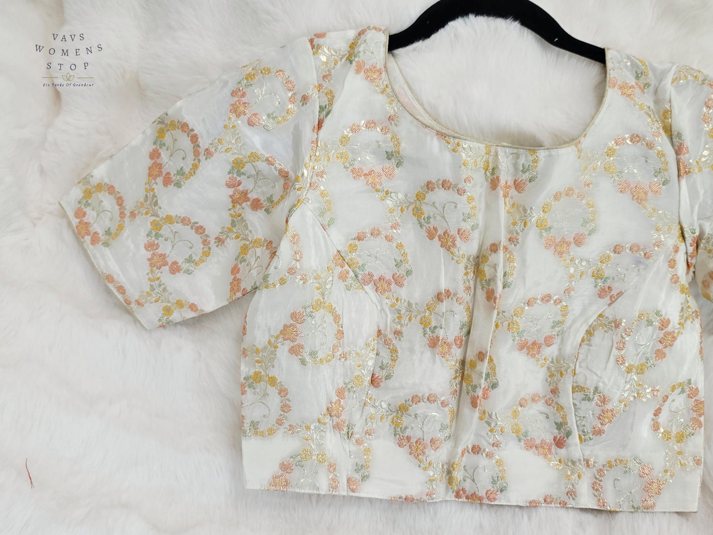 Ivory Pearl Floral Munga Benarasi Silk Designer Blouse