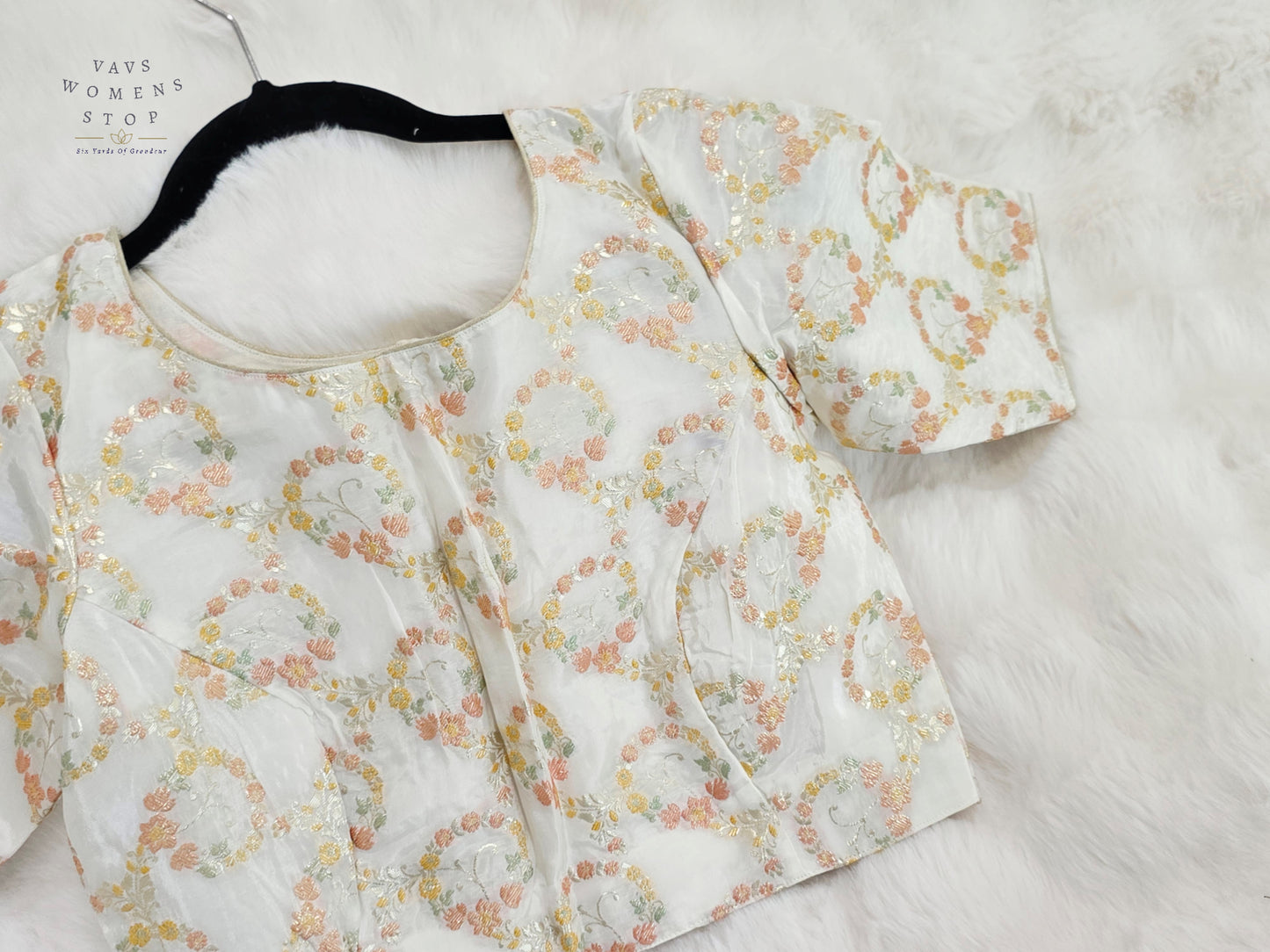 Ivory Pearl Floral Munga Benarasi Silk Designer Blouse