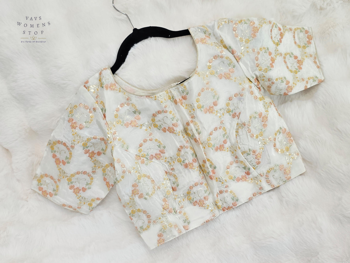 Ivory Pearl Floral Munga Benarasi Silk Designer Blouse