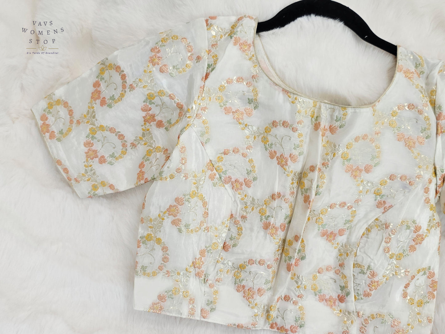 Ivory Pearl Floral Munga Benarasi Silk Designer Blouse