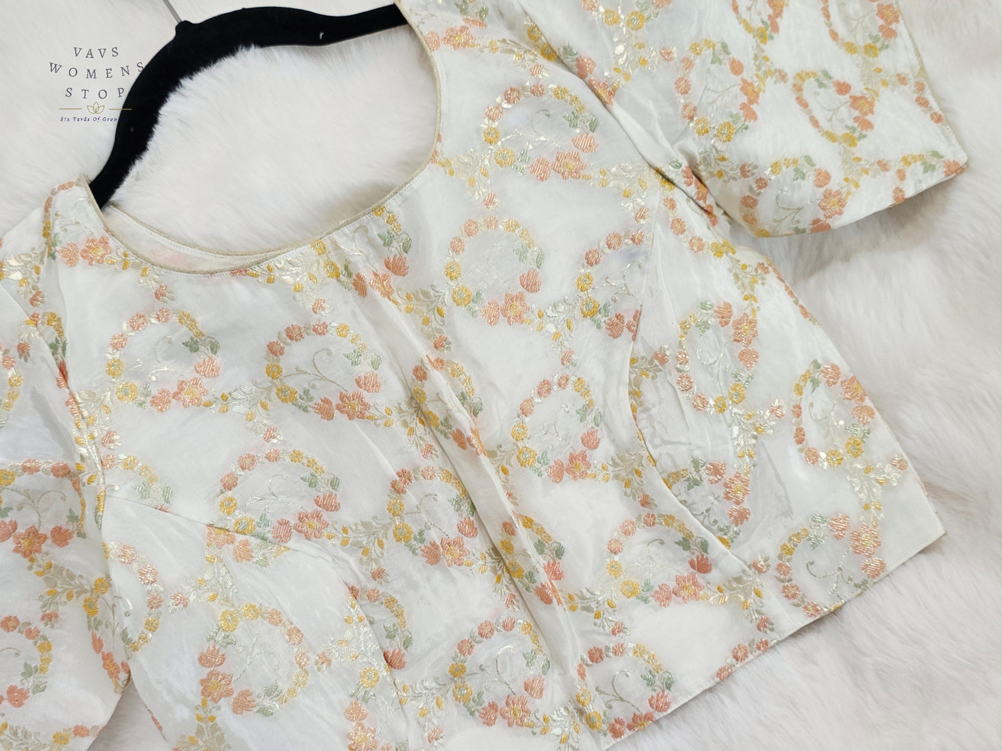Ivory Pearl Floral Munga Benarasi Silk Designer Blouse