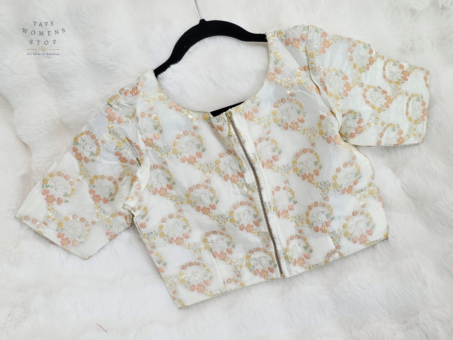 Ivory Pearl Floral Munga Benarasi Silk Designer Blouse