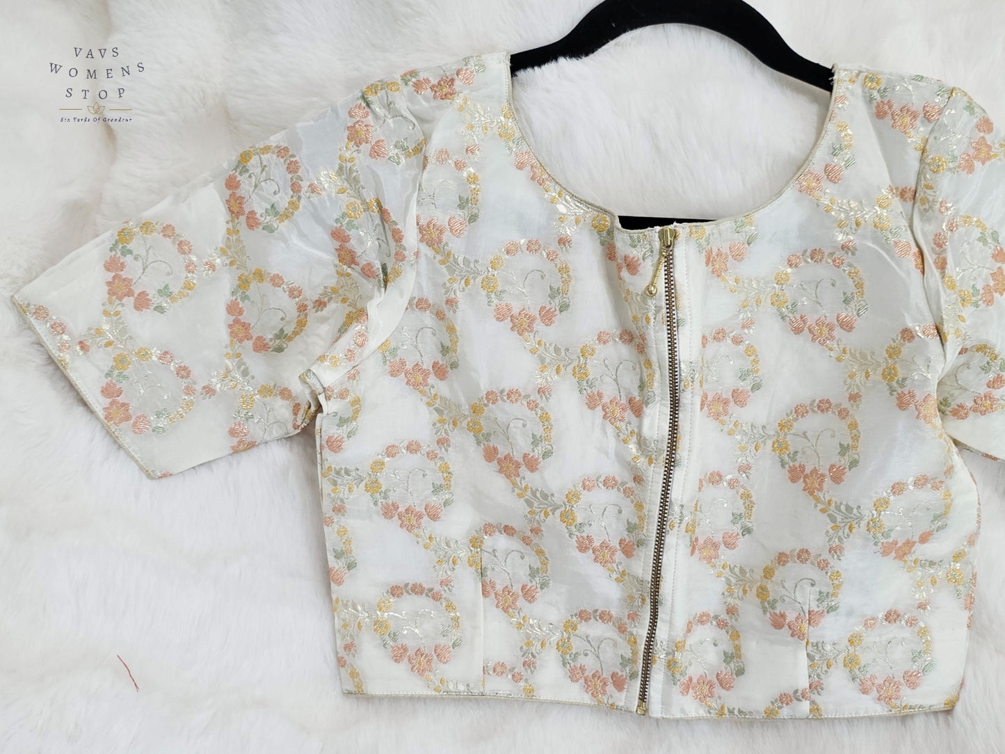 Ivory Pearl Floral Munga Benarasi Silk Designer Blouse