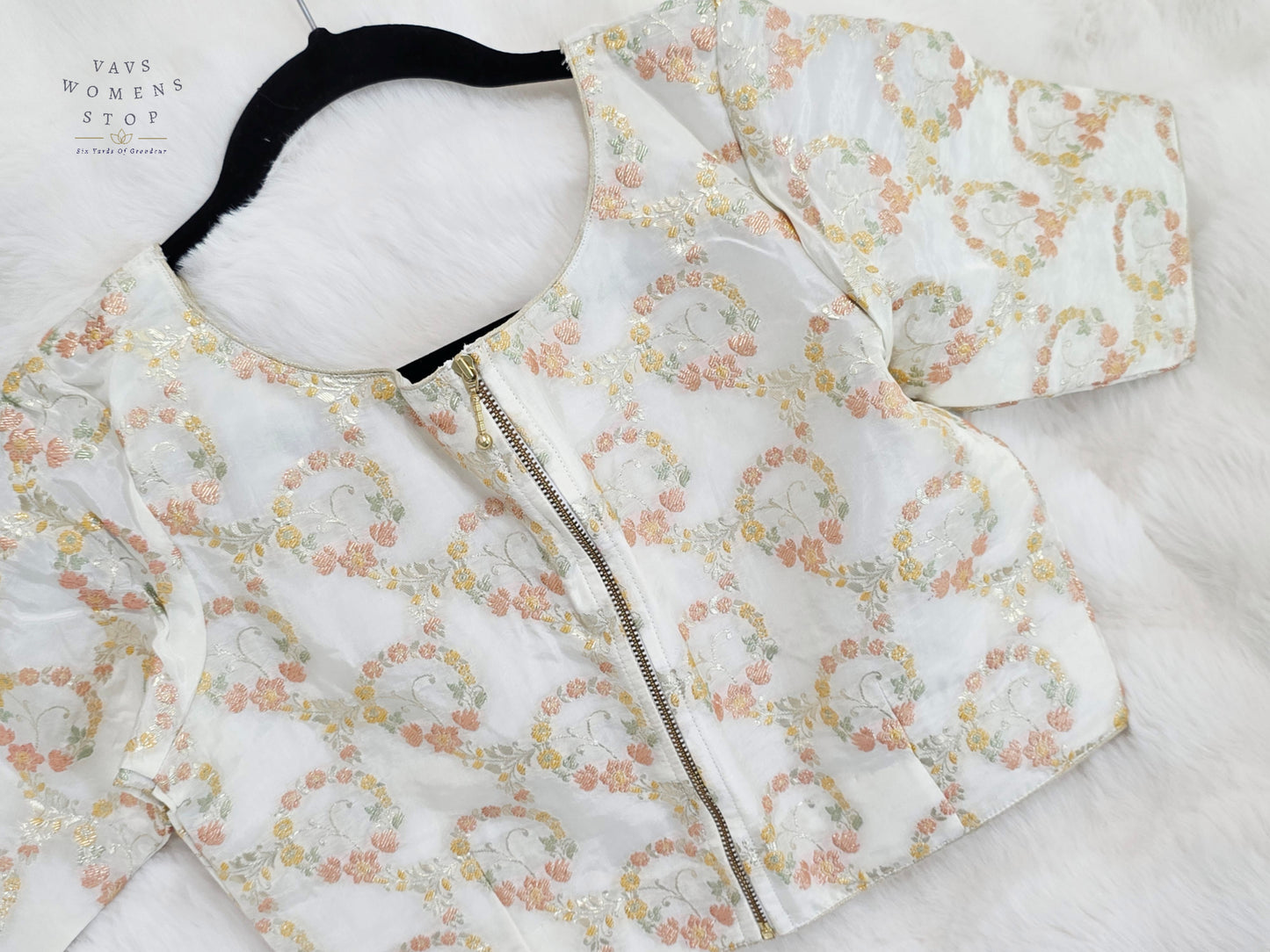 Ivory Pearl Floral Munga Benarasi Silk Designer Blouse